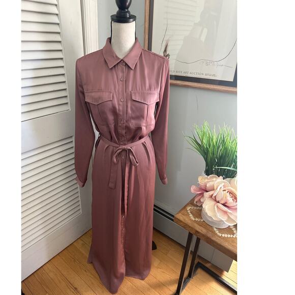 LACADEMIE Womens Shirt Dress Mauve Satin Maxi Belted Quiet Luxury Minimalist S - Picture 2 of 15